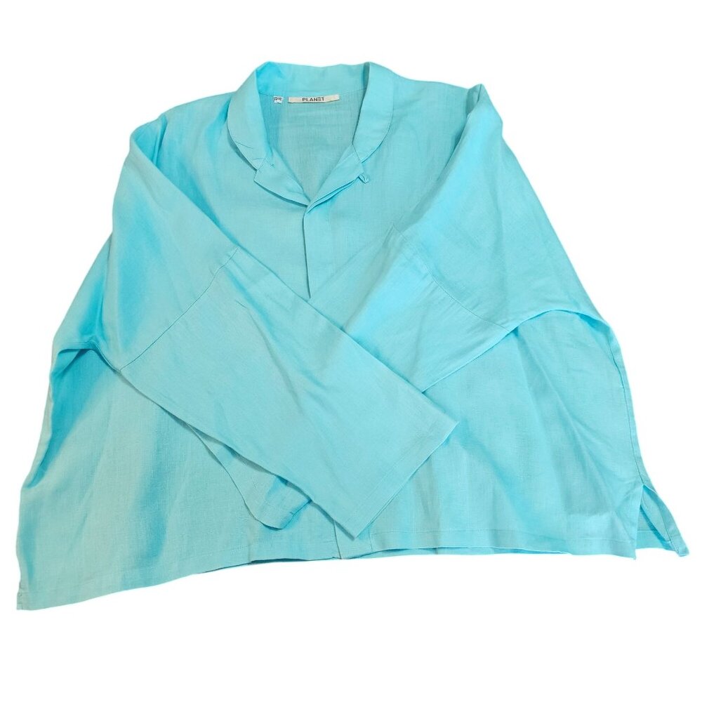Planet By Lauren G Linen Button Up‎ Shirt OS Turquoise Relaxed Coastal Lagenlook - Picture 2 of 10